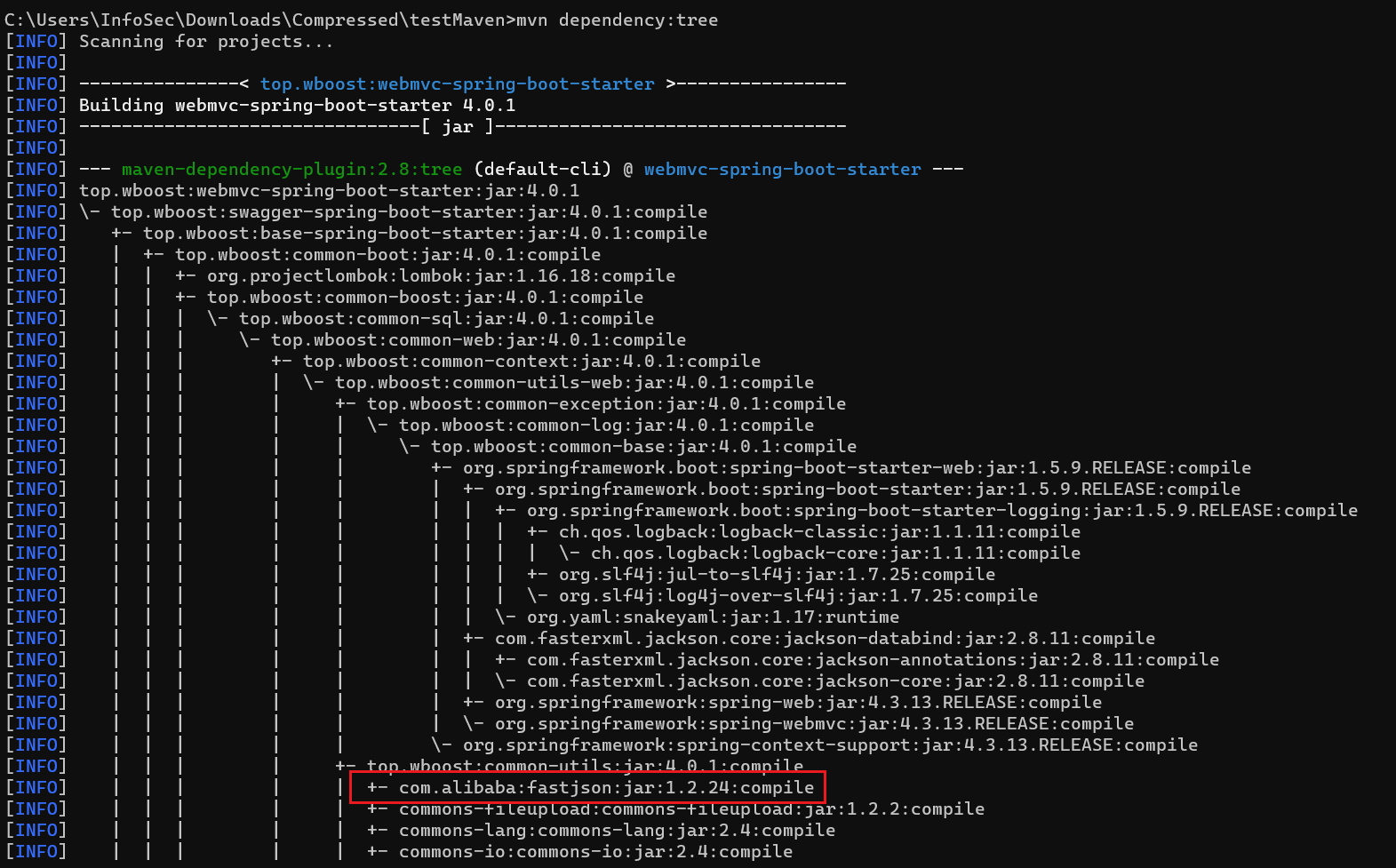 图3  top.wboost:webmvc-spring-boot-starter软件包对fastjson的依赖深度达到10级