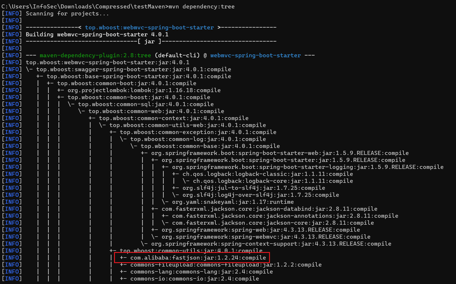 图3 top.wboost:webmvc-spring-boot-starter软件包对fastjson的依赖深度达到10级